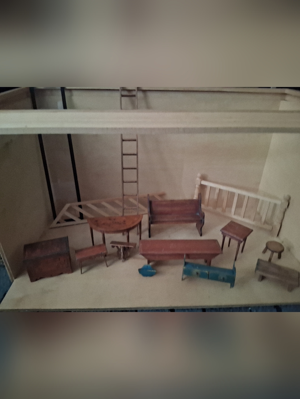 Vintage Lot Of 1980s Miniature Wooden Dollhouse Furniture Set - Brown